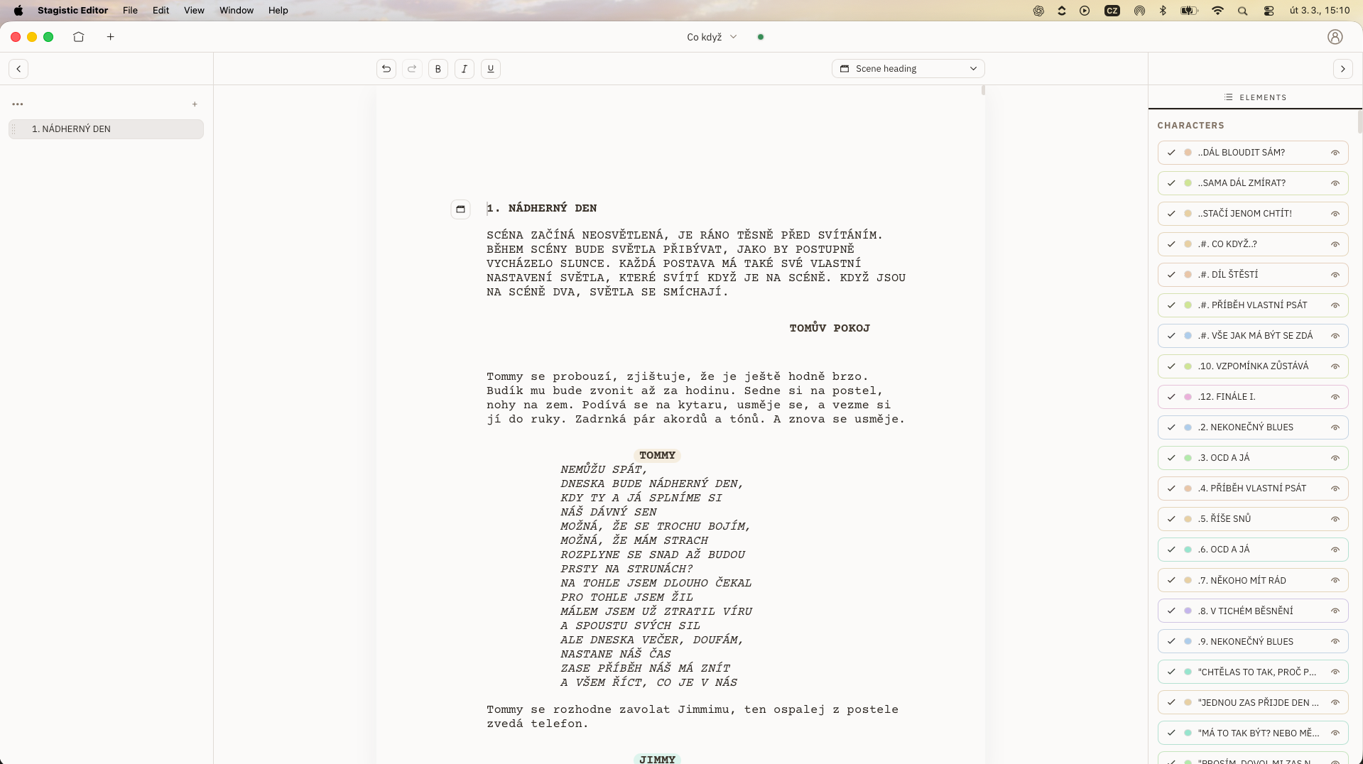 The scene outline beside a script in Stagistic Editor