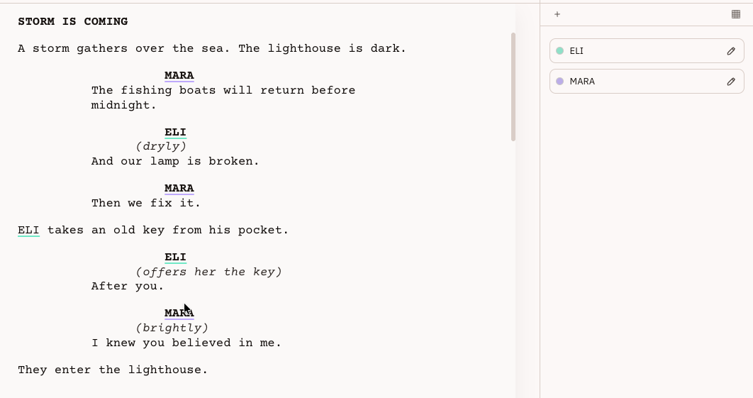 The character catalogue in Stagistic Editor