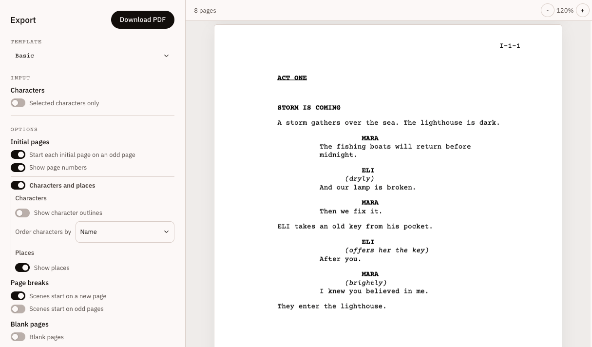 A print-ready theatre script displayed in Stagistic Editor