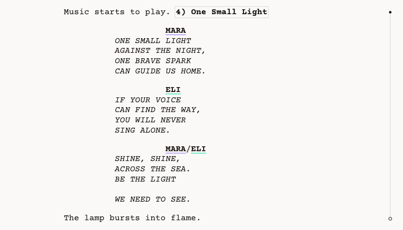 Lyrics formatted inside a musical script in Stagistic Editor