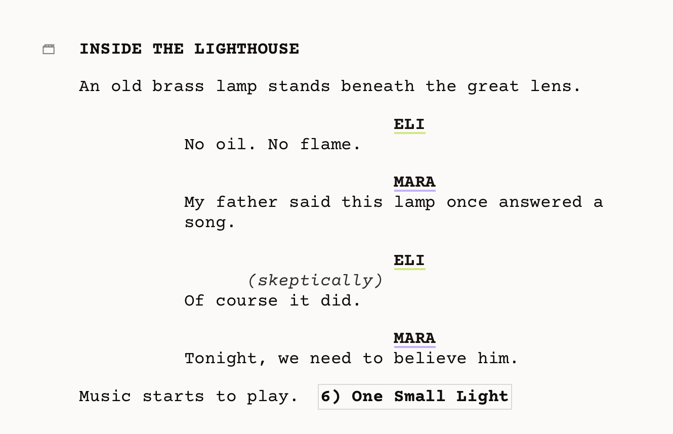 A formatted theatre script in Stagistic Editor