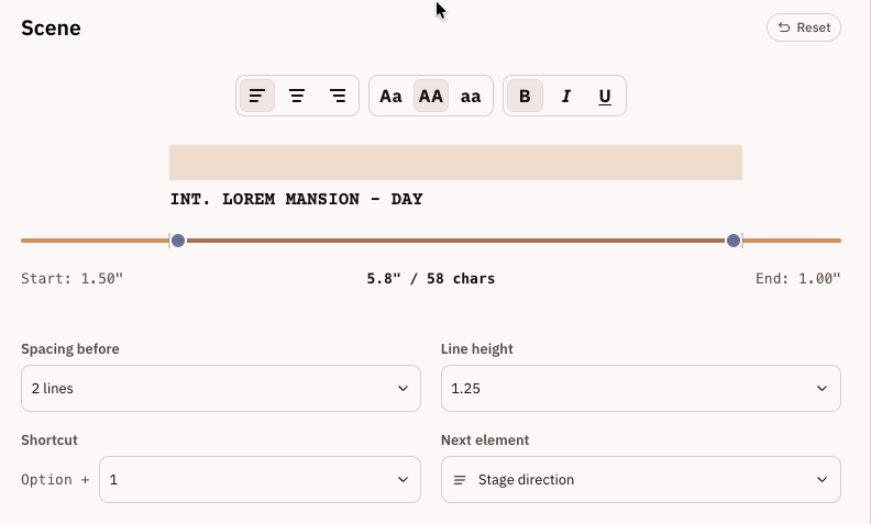 Formatting controls above a script in Stagistic Editor